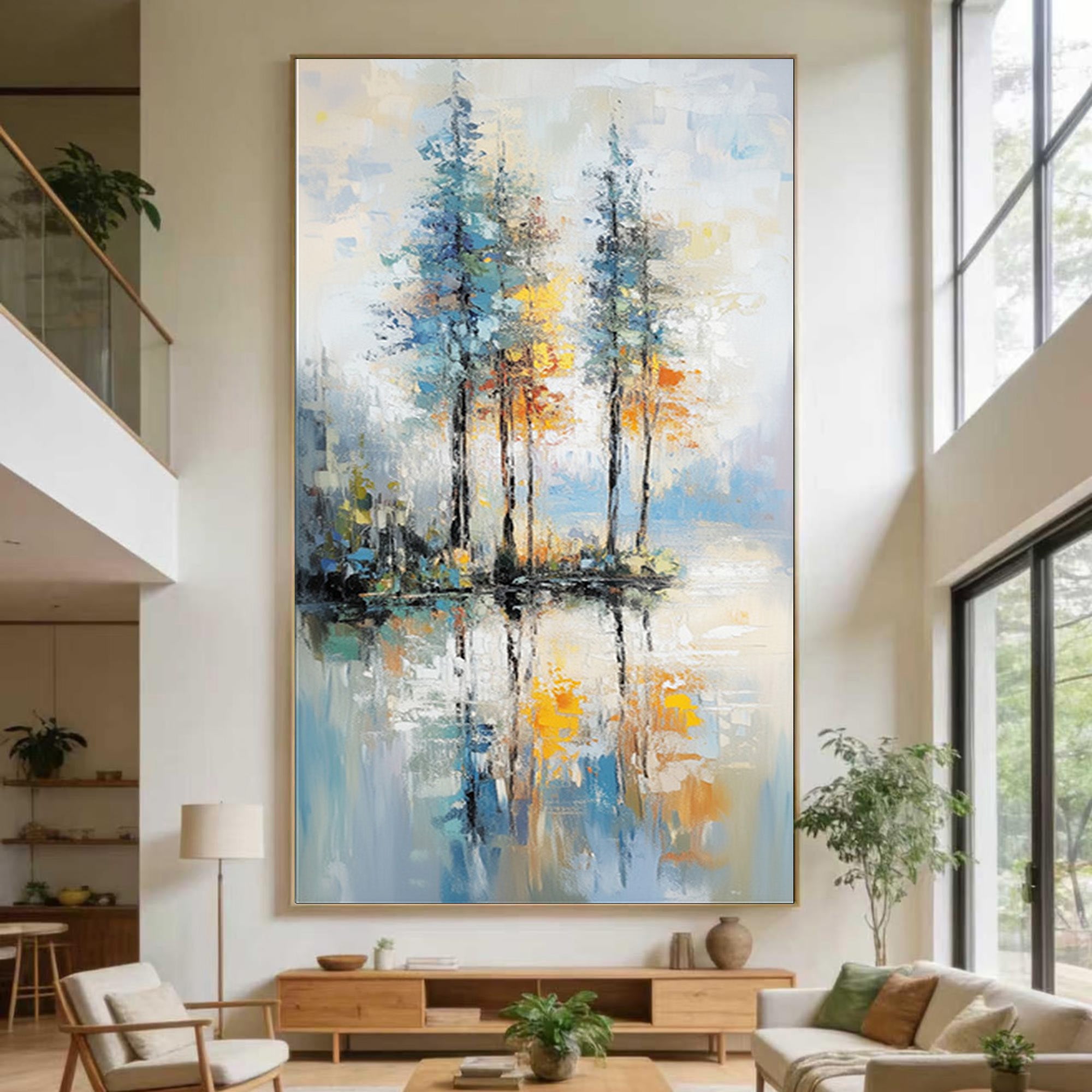 Large Abstract Landscape Oil Painting:Tree Textured Art