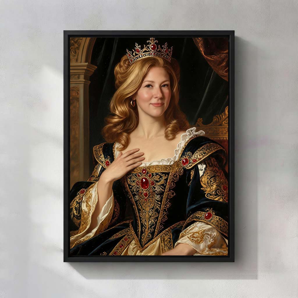 Personalized Renaissance & Baroque Queen Canvas | Regal Crown & Floral Masterpiece