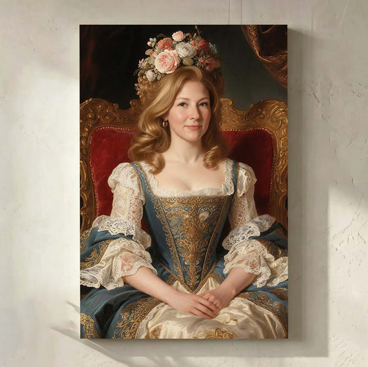 Personalized Renaissance & Baroque Queen Canvas | Regal Crown & Floral Masterpiece